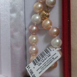 NWT Genuine Pearl Necklace , 14k Gold Clasp, Cream, Pink,  Large 9.5-10.5mm,